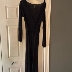 Black rayon and wool wrap dress.